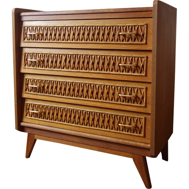 French Vintage Oak and rattan chest of drawers - 1950s