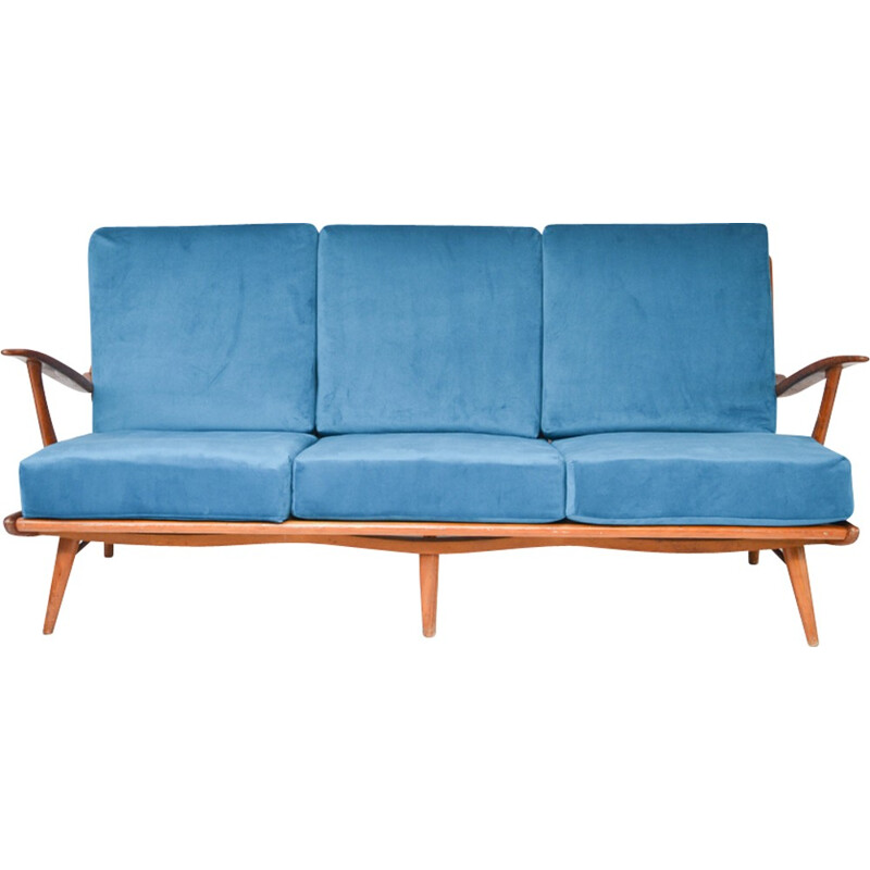 Canapé scandinave vintage retapissé en tissu bleu - 1960