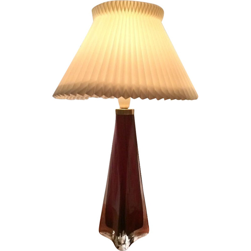 Vintage triangular table lamp in red and clear glass by Carl Fagerlund for Orrefors, 1960
