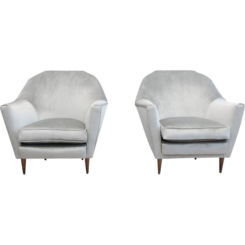 Pair of vintage silver grey velvet armchairs - 1960s