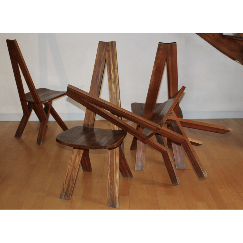 Set of 4 elm chairs, model S45 by Pierre Chapo - 1970s