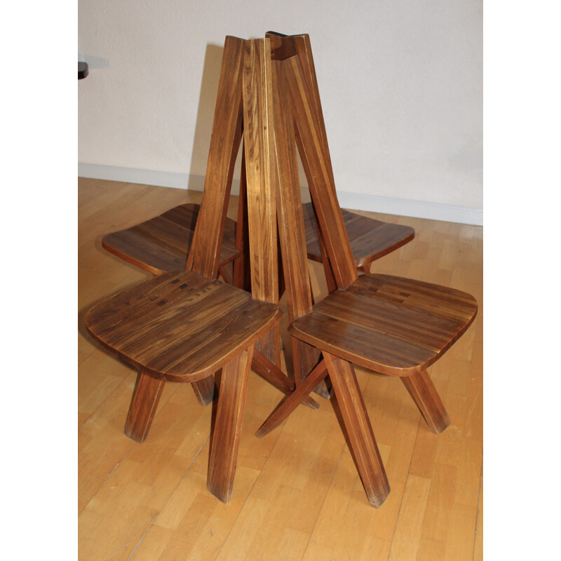 Set of 4 elm chairs, model S45 by Pierre Chapo - 1970s