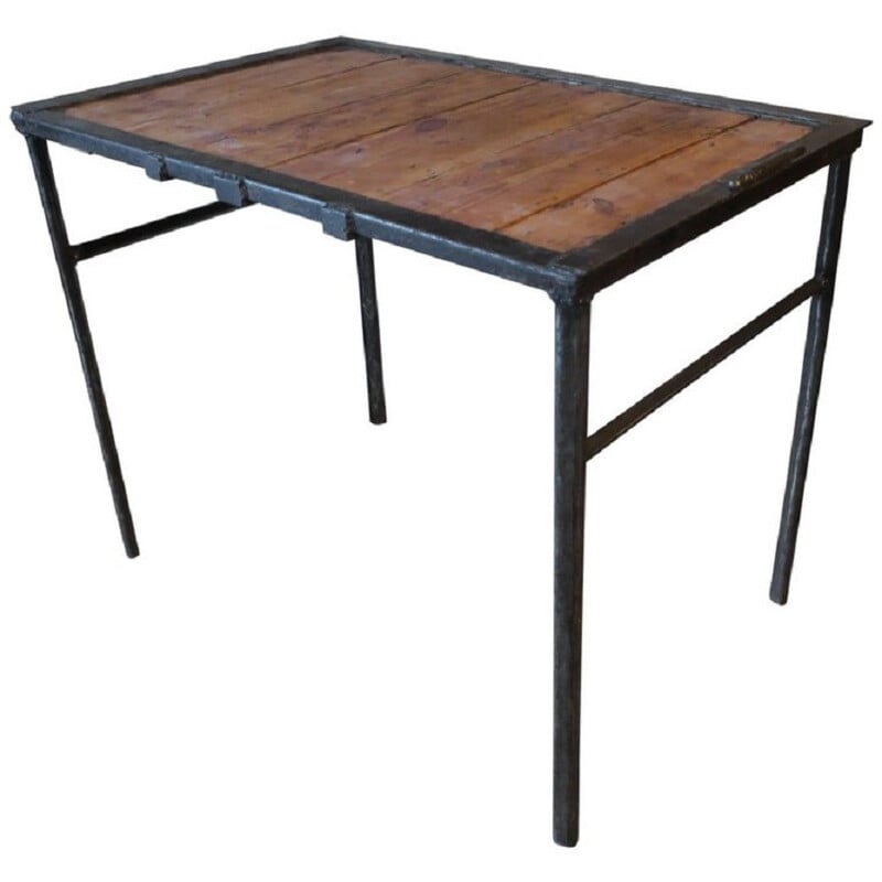 Tavolo industriale vintage in ferro e legno, 1960