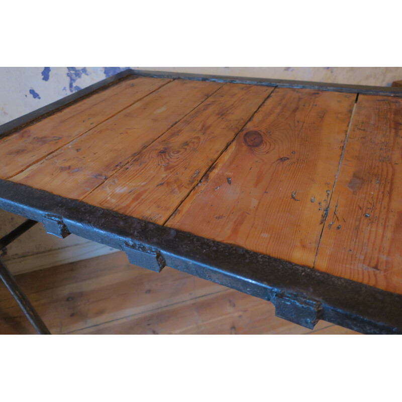 Vintage industriële tafel in ijzer en hout, 1960