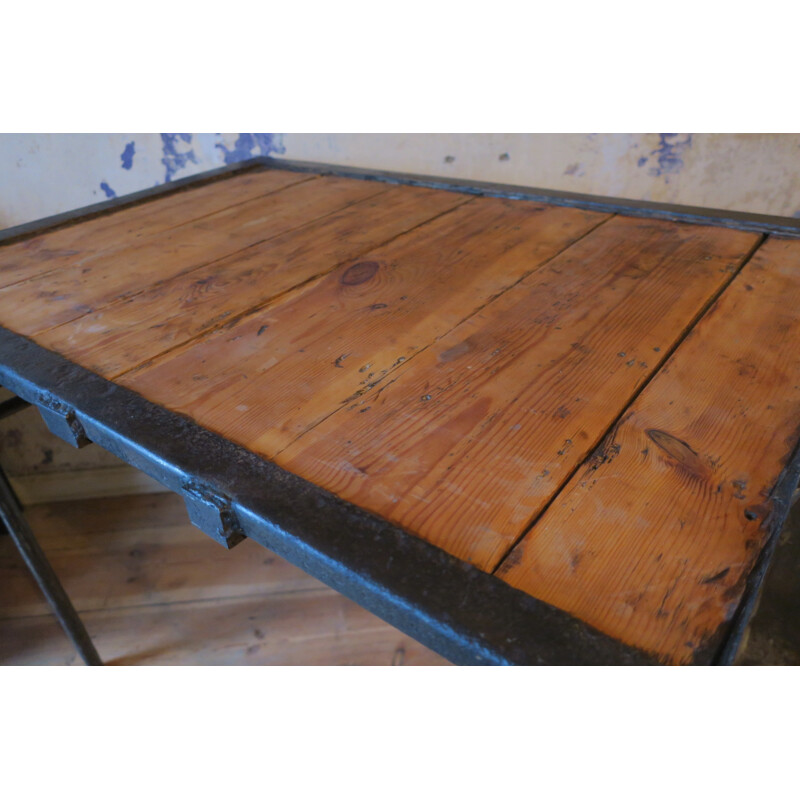 Vintage industriële tafel in ijzer en hout, 1960