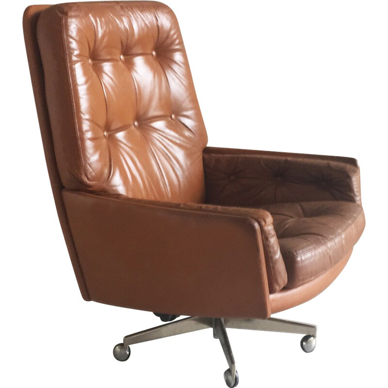 Vintage Danish brown leather armchair on swivel base with castors - 1970s