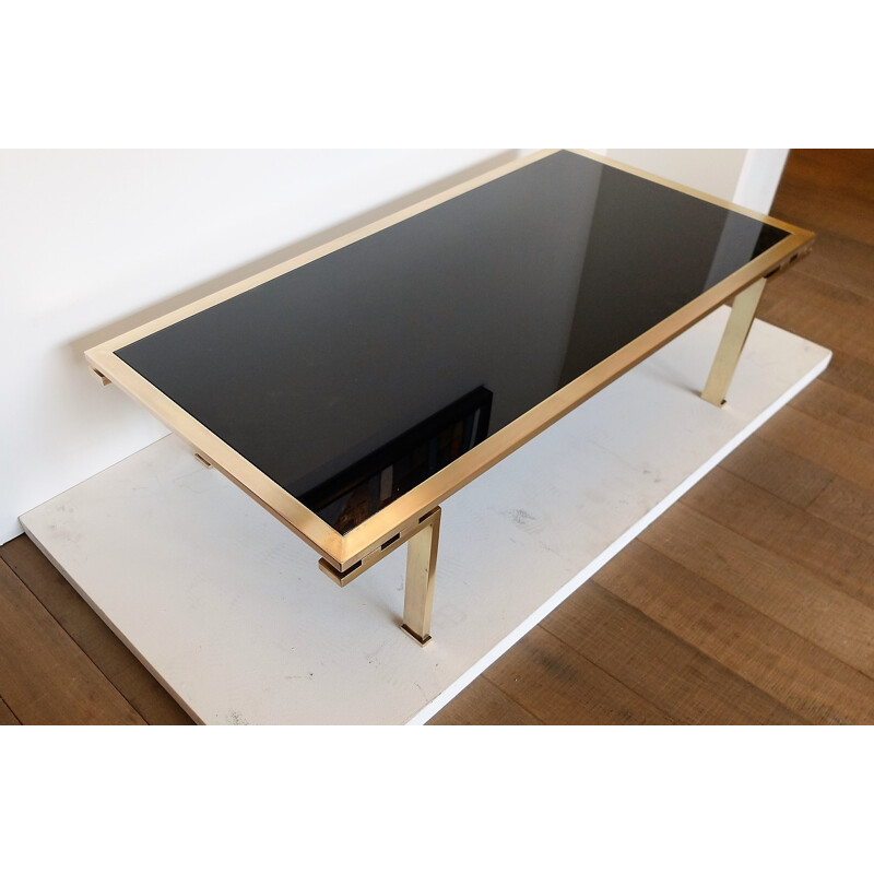 Brass Coffee Table and  Black opaline Glass by Maison Jansen - 1960s