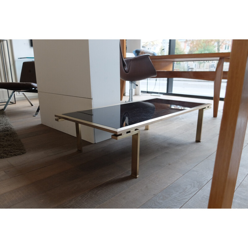 Brass Coffee Table and  Black opaline Glass by Maison Jansen - 1960s