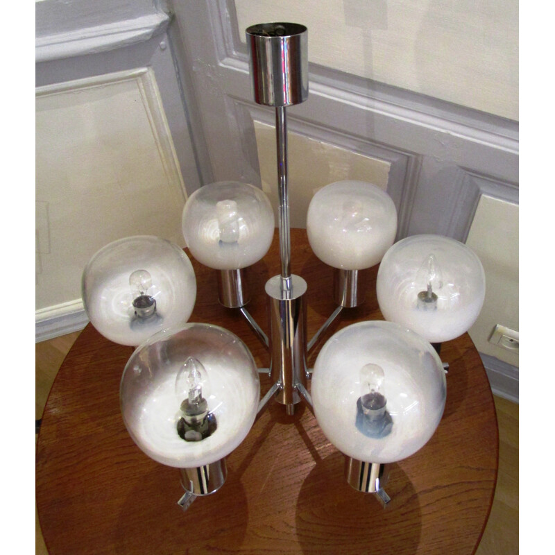 Italian chandelier chrome with 6 glasses - 1970s