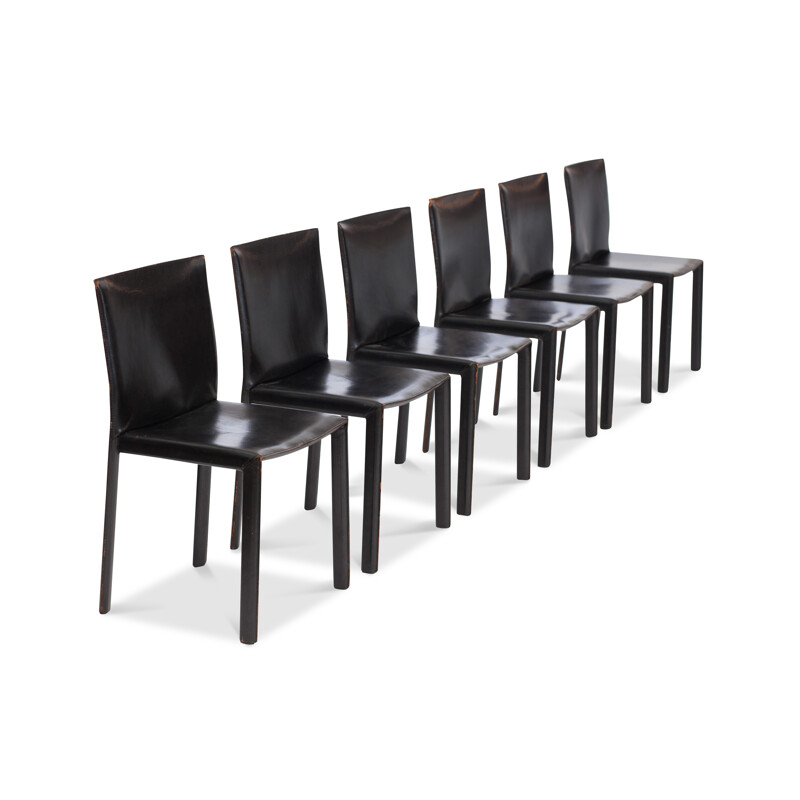 Set of 6 Black Leather Pasqualina armchairs for Pellizzoni  - 1980s