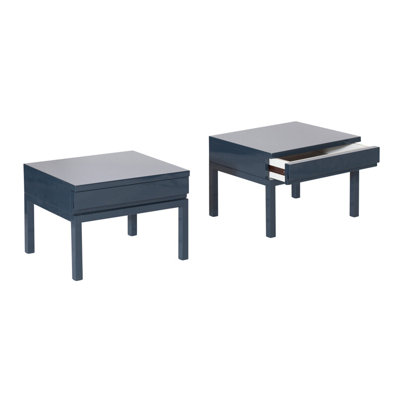 Pair of Petrol Blue Lacquered Bed Side Tables, Veranneman - 1980s 