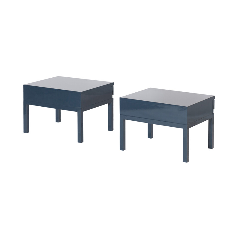 Pair of Petrol Blue Lacquered Bed Side Tables, Veranneman - 1980s 