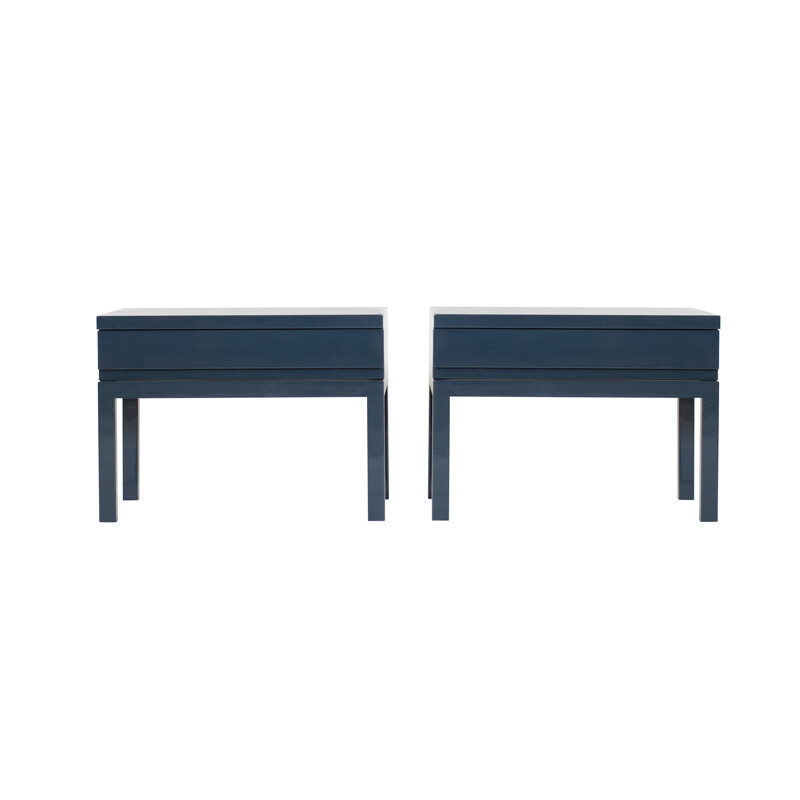 Pair of Petrol Blue Lacquered Bed Side Tables, Veranneman - 1980s 