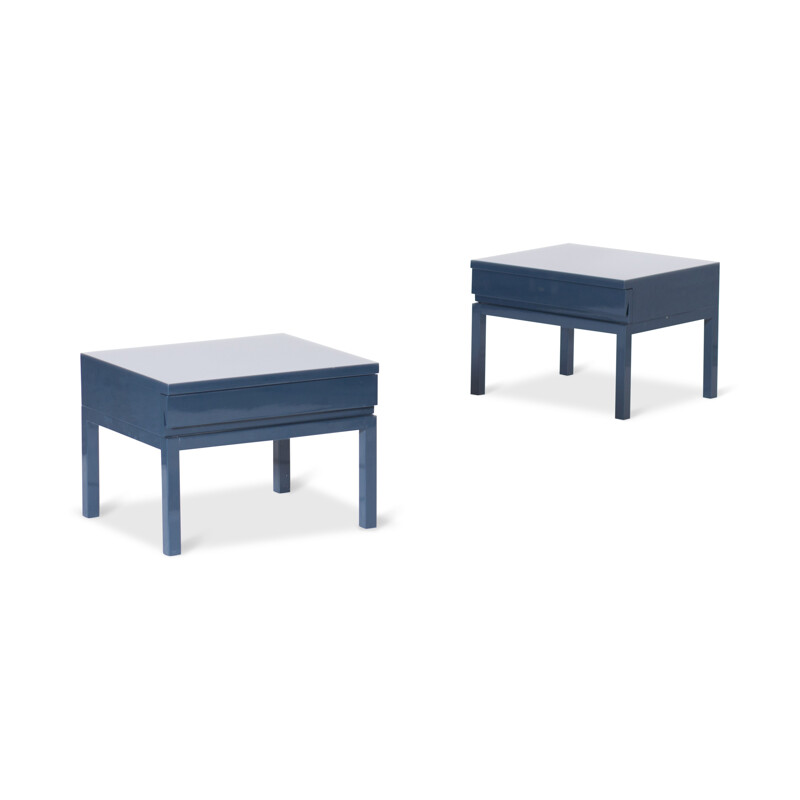 Pair of Petrol Blue Lacquered Bed Side Tables, Veranneman - 1980s 