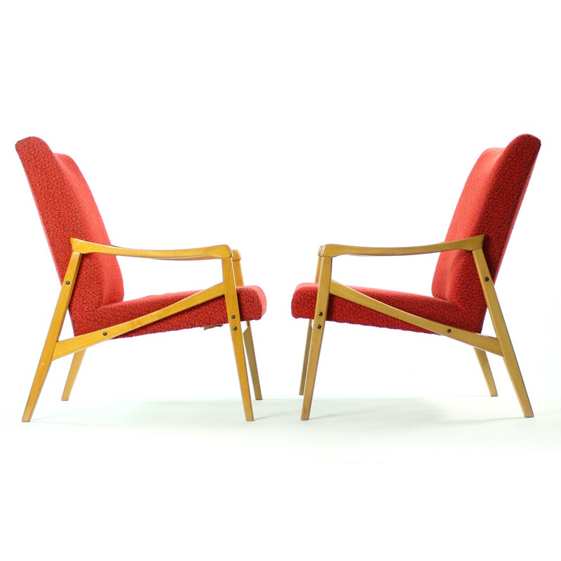 Pair of red vintage armchairs produced by Interier Praha - 1960s