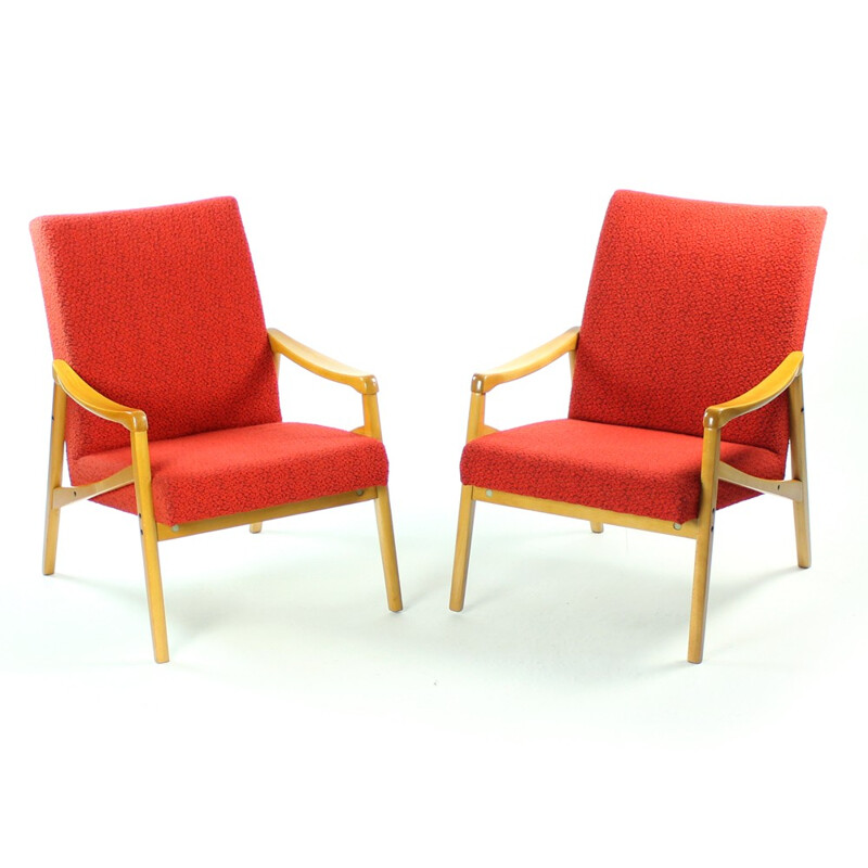 Pair of red vintage armchairs produced by Interier Praha - 1960s