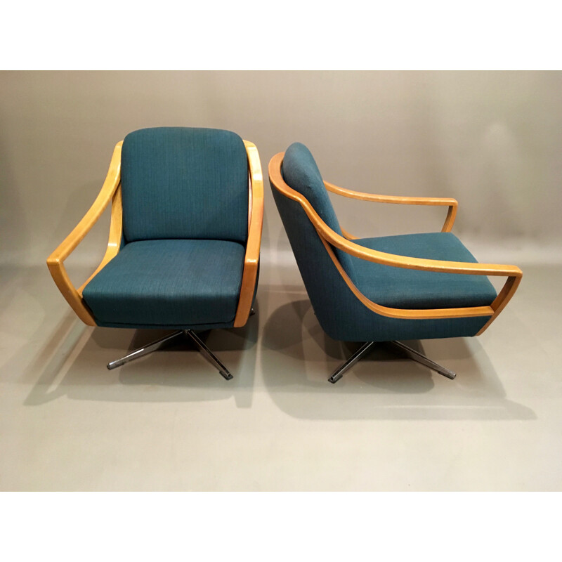 Vintage swivel armchair in wood Scandinavian design - 1950s