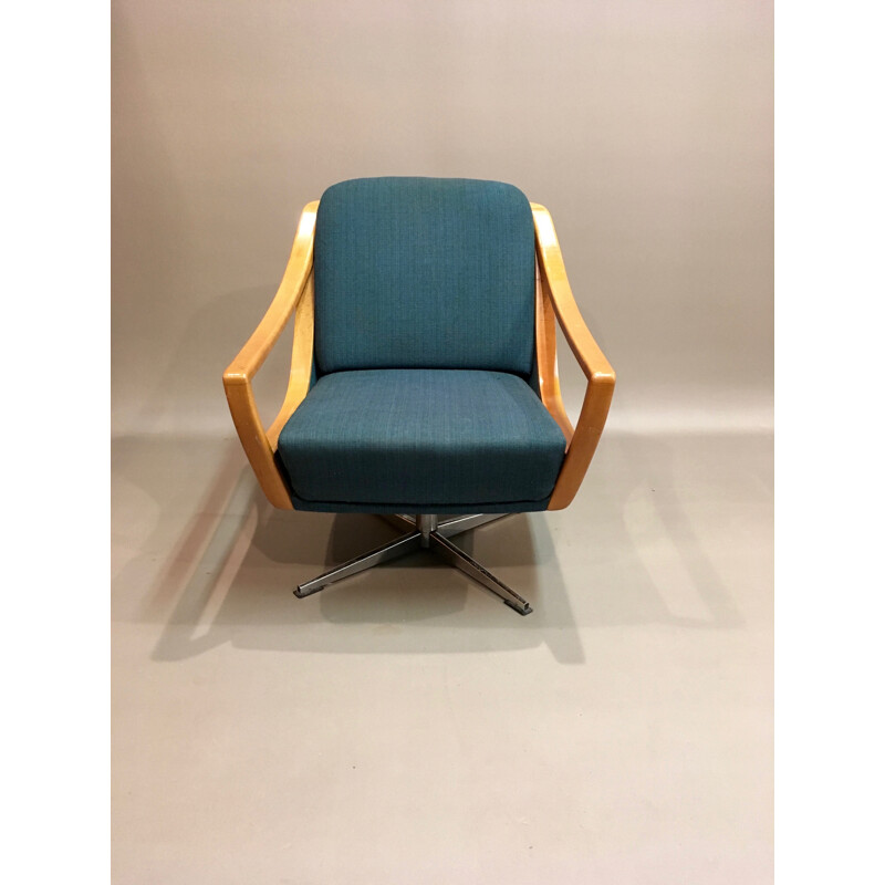 Vintage swivel armchair in wood Scandinavian design - 1950s