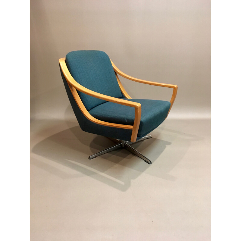 Vintage swivel armchair in wood Scandinavian design - 1950s