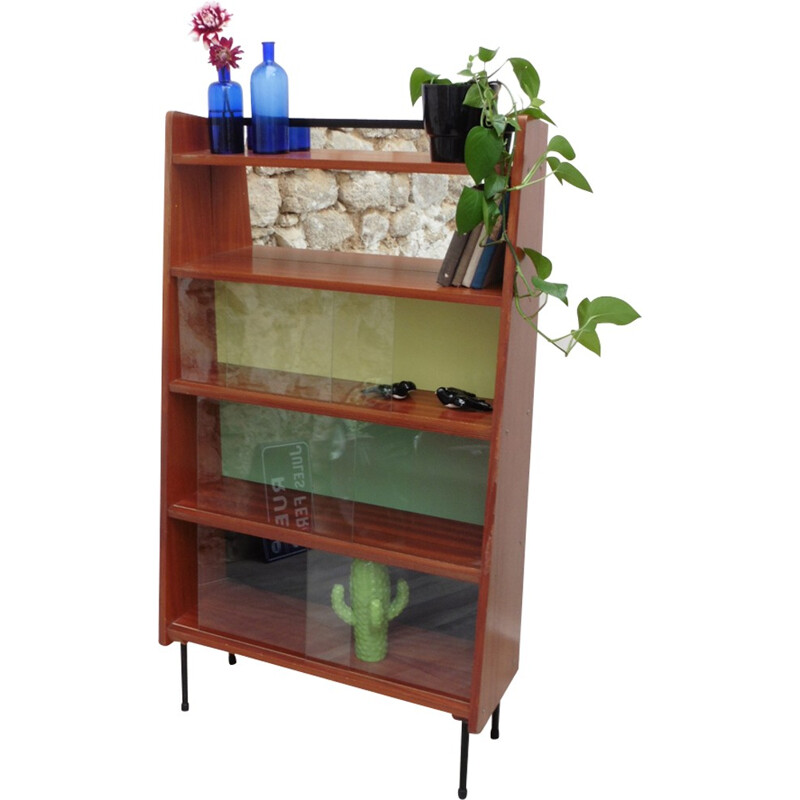 Vintage bookcase made of glass and wood by Pierre Guariche - 1950s