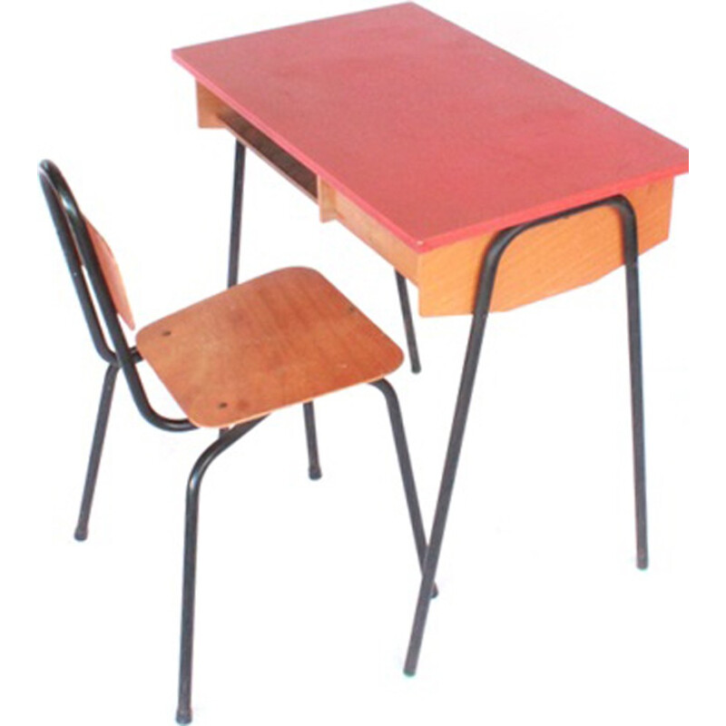 Vintage desk and child chair in wood and metal - 1960s