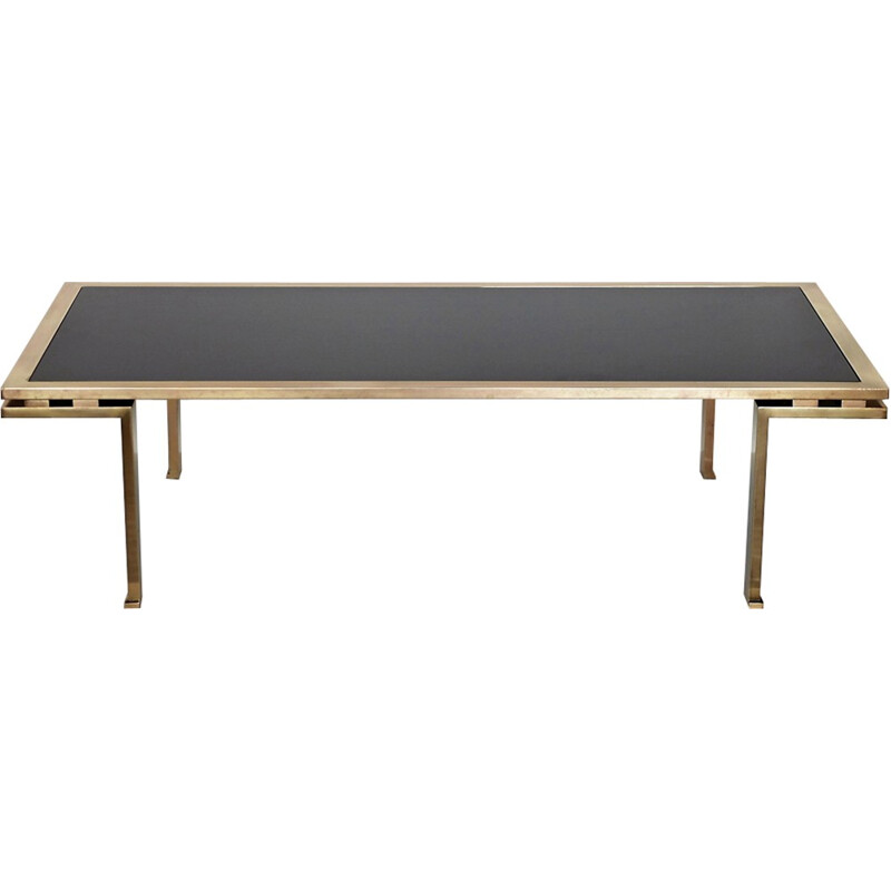 Brass Coffee Table and  Black opaline Glass by Maison Jansen - 1960s