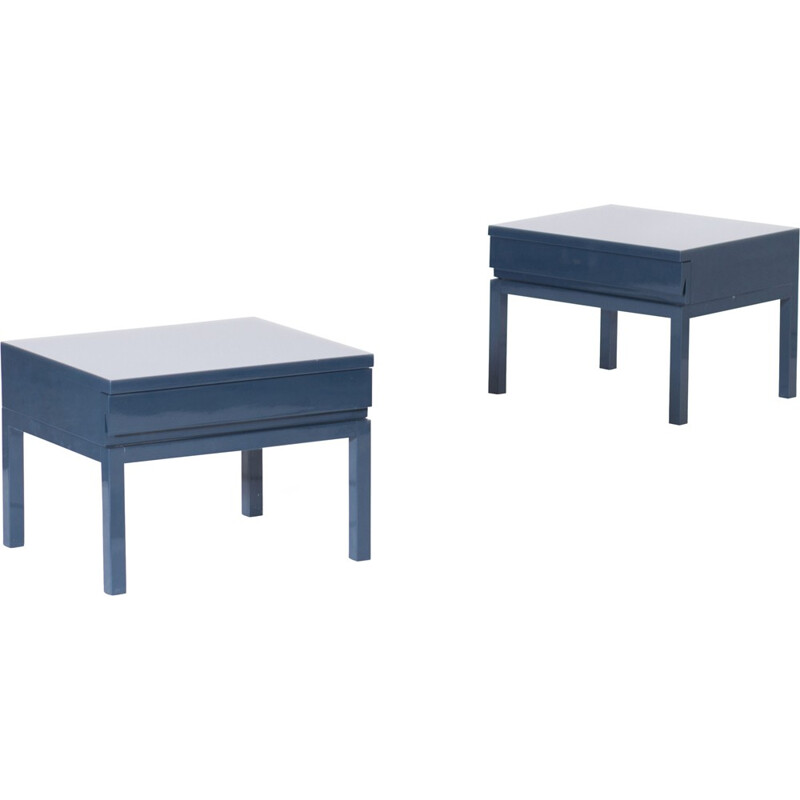 Pair of Petrol Blue Lacquered Bed Side Tables, Veranneman - 1980s 