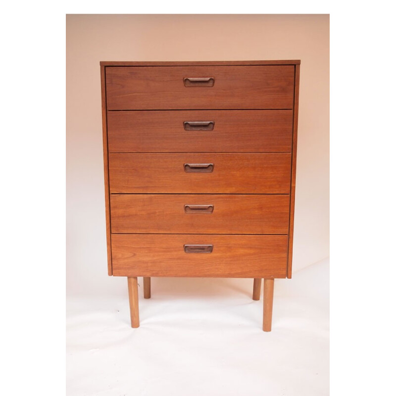 Vintage High chest of 5 drawers in brown honey teak - 1950s