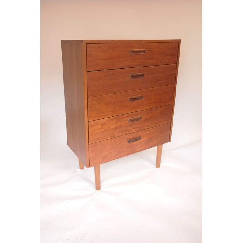 Vintage High chest of 5 drawers in brown honey teak - 1950s