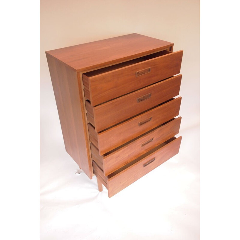 Vintage High chest of 5 drawers in brown honey teak - 1950s