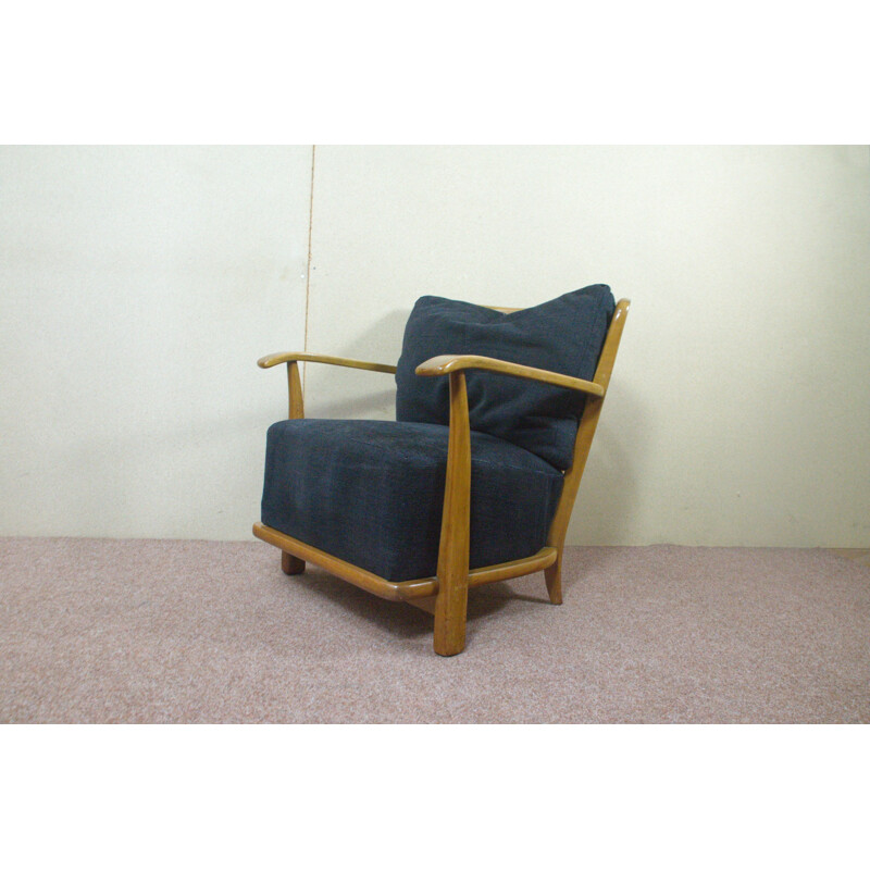 Vintage armchair cherry wood and black fabric - 1950s