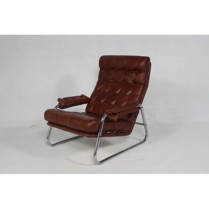 Chrome Lounge Chair with Patchwork Leather - 1970s
