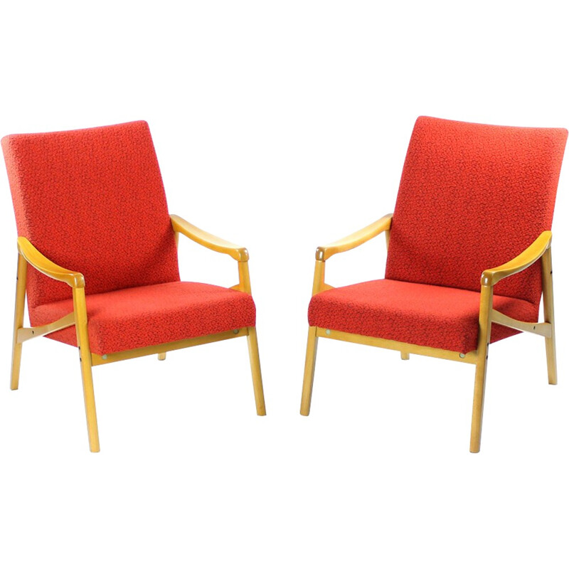 Pair of red vintage armchairs produced by Interier Praha - 1960s