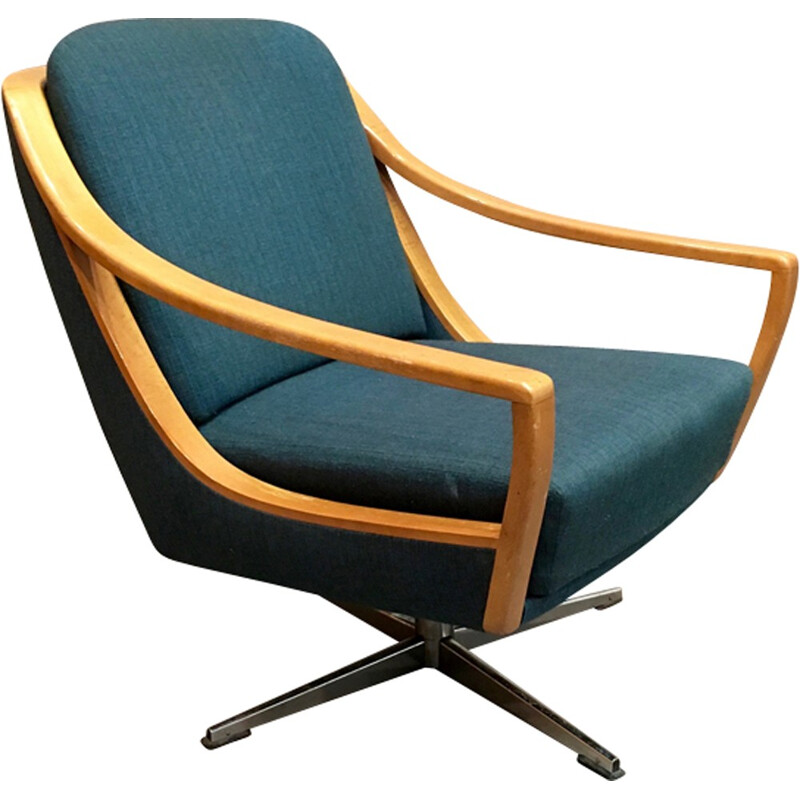 Fauteuil pivotant vintage design scandinave en bois - 1950