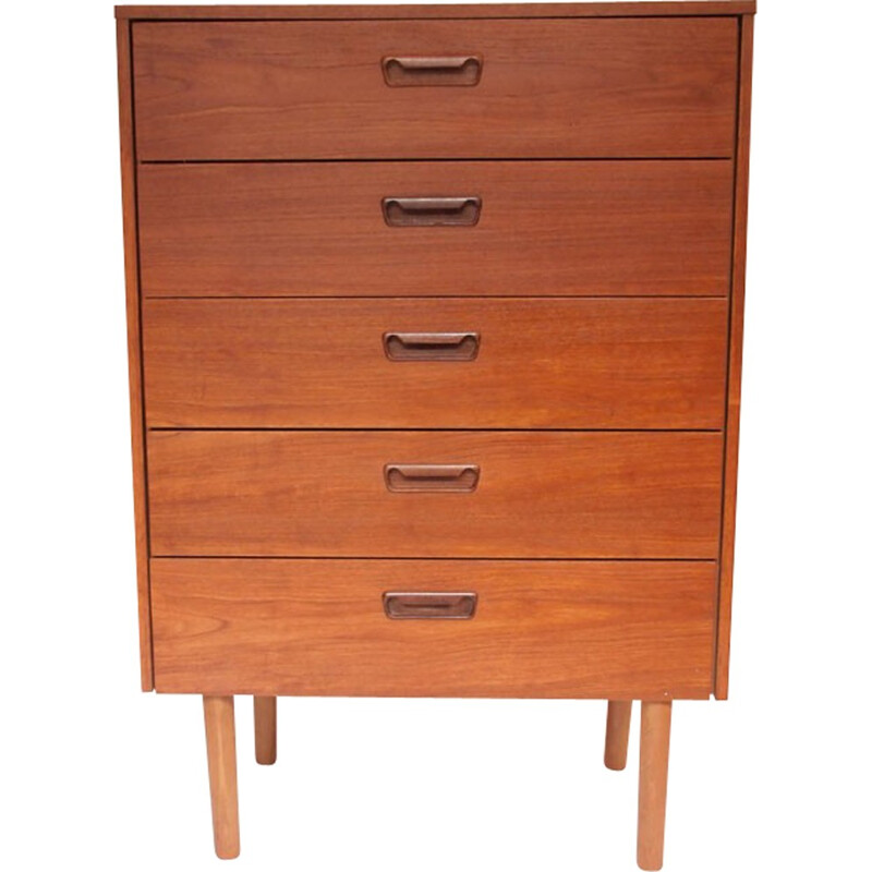 Vintage High chest of 5 drawers in brown honey teak - 1950s
