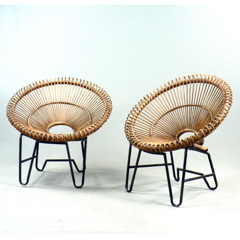 Vintage pair of rattan armchair - 1950s