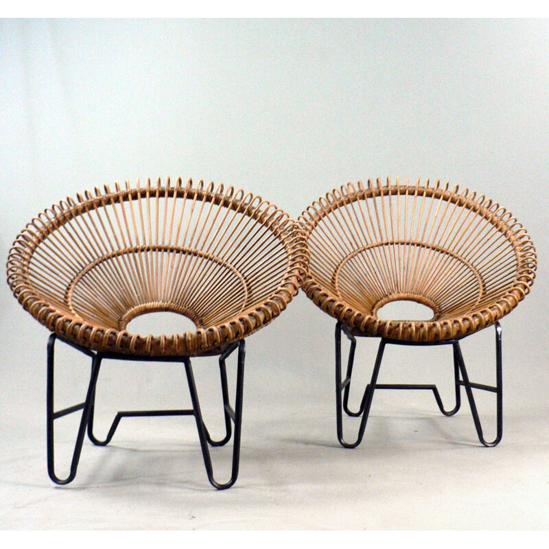 Vintage pair of rattan armchair - 1950s