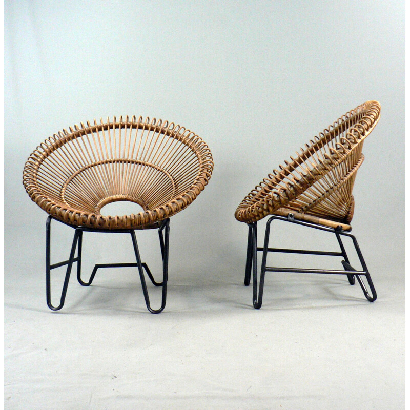 Vintage pair of rattan armchair - 1950s