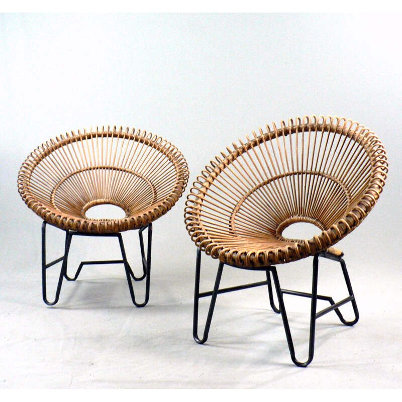 Vintage pair of rattan armchair - 1950s