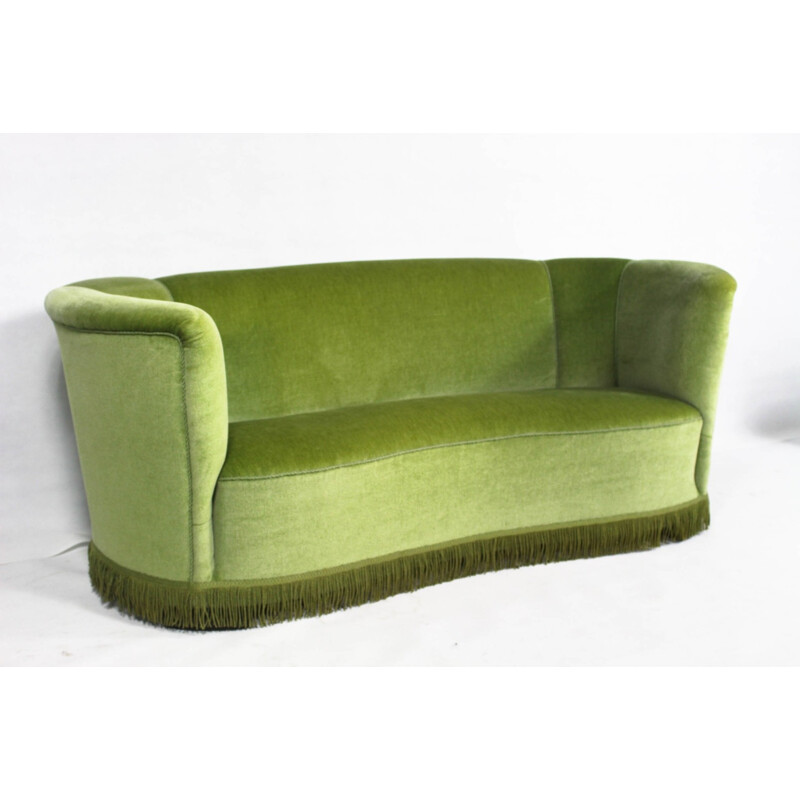 Canapé vintage en velours vert danois courbé - 1950