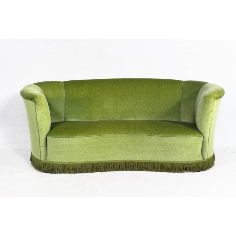 Vintage Curved Danish Green Velour Sofa - 1950s