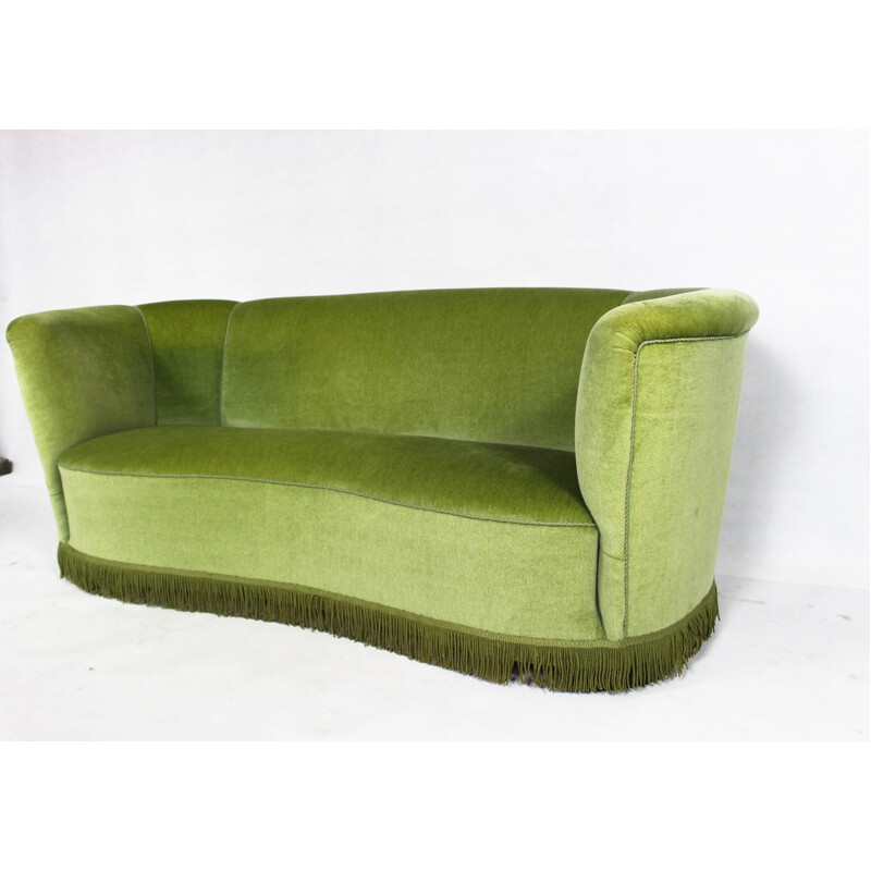 Vintage Curved Danish Green Velour Sofa - 1950s