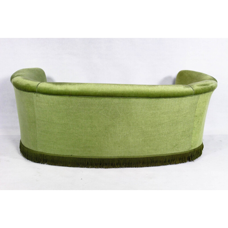 Vintage Curved Danish Green Velour Sofa - 1950s