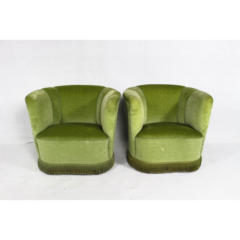 Set of 2 Danish Green Velour armchairs - 1950s