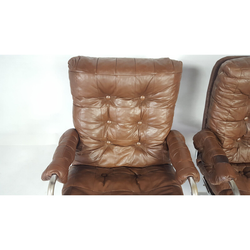 Set of 2 Vintage Leather Swivel armchair - 1970s