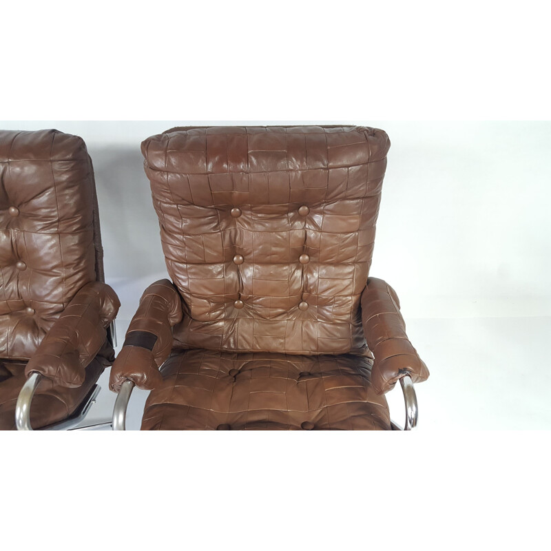 Set of 2 Vintage Leather Swivel armchair - 1970s