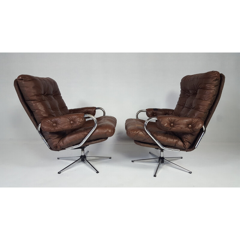 Set of 2 Vintage Leather Swivel armchair - 1970s