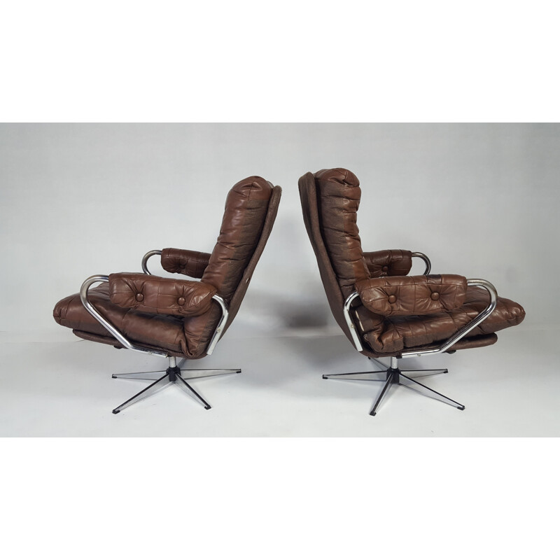 Set of 2 Vintage Leather Swivel armchair - 1970s