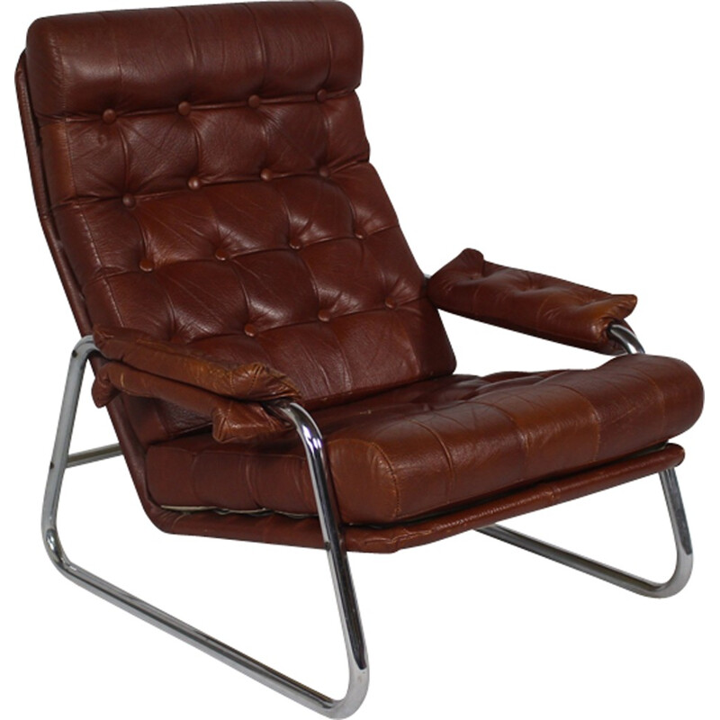Chrome Lounge Chair with Patchwork Leather - 1970s