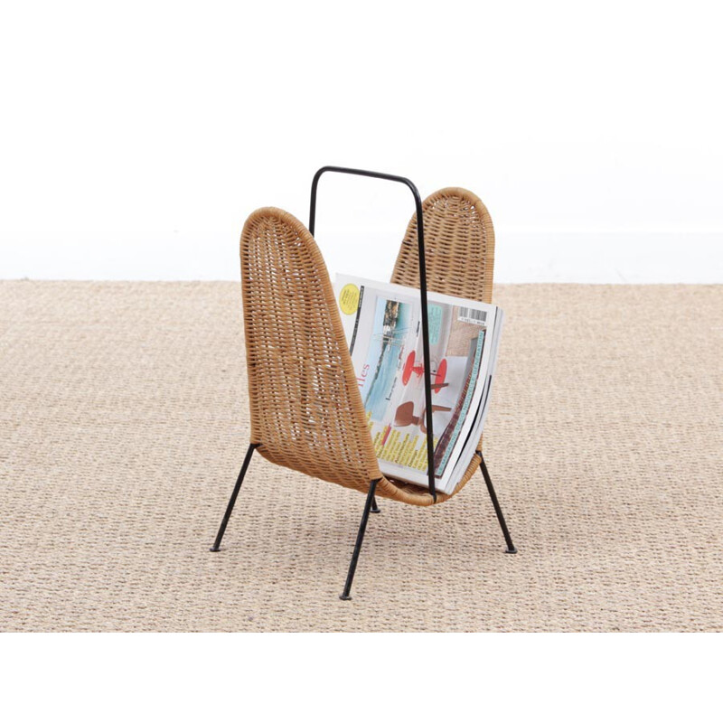 Vintage Scandinavian rattan magazine rack - 1960s